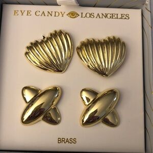 Eye Candy Los Angeles 2 Pair Earring Set Gold Tone Heart & X Stud Earrings NIB
